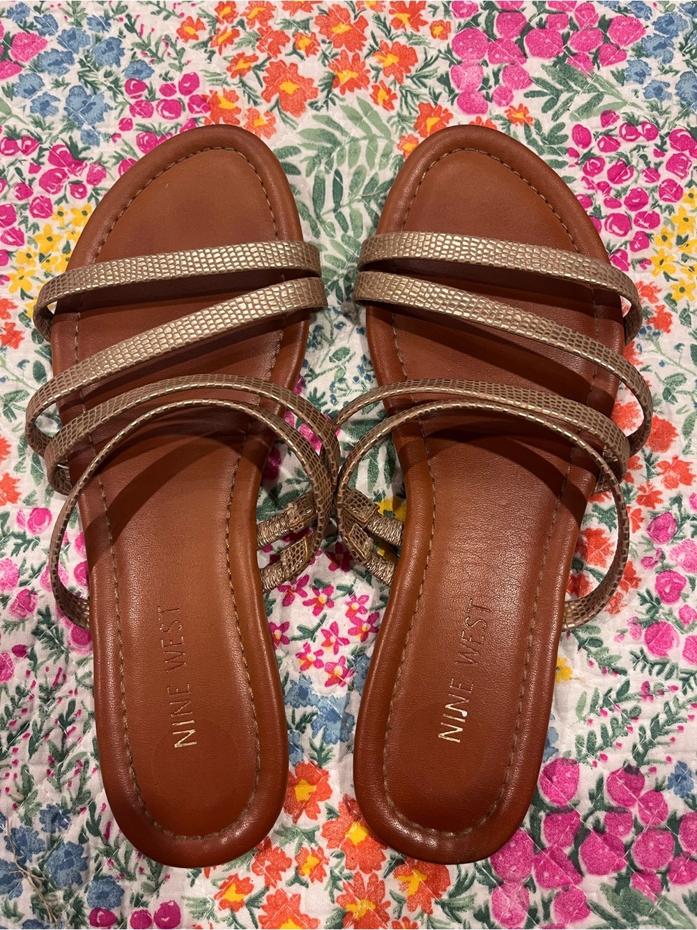 Nine West Metallic Gold Strappy Slide Sandals